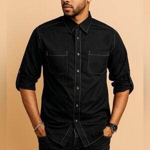 Vintage Men’s Grunge Black Casual Button-Down Shirt